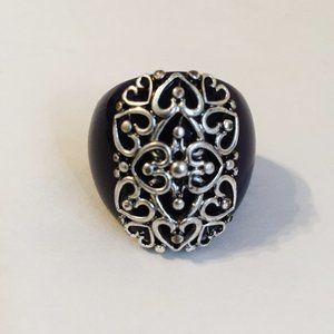Boho Ring Purple Acrylic Silver Metal Ornate Filigree Vintage Size 8.25